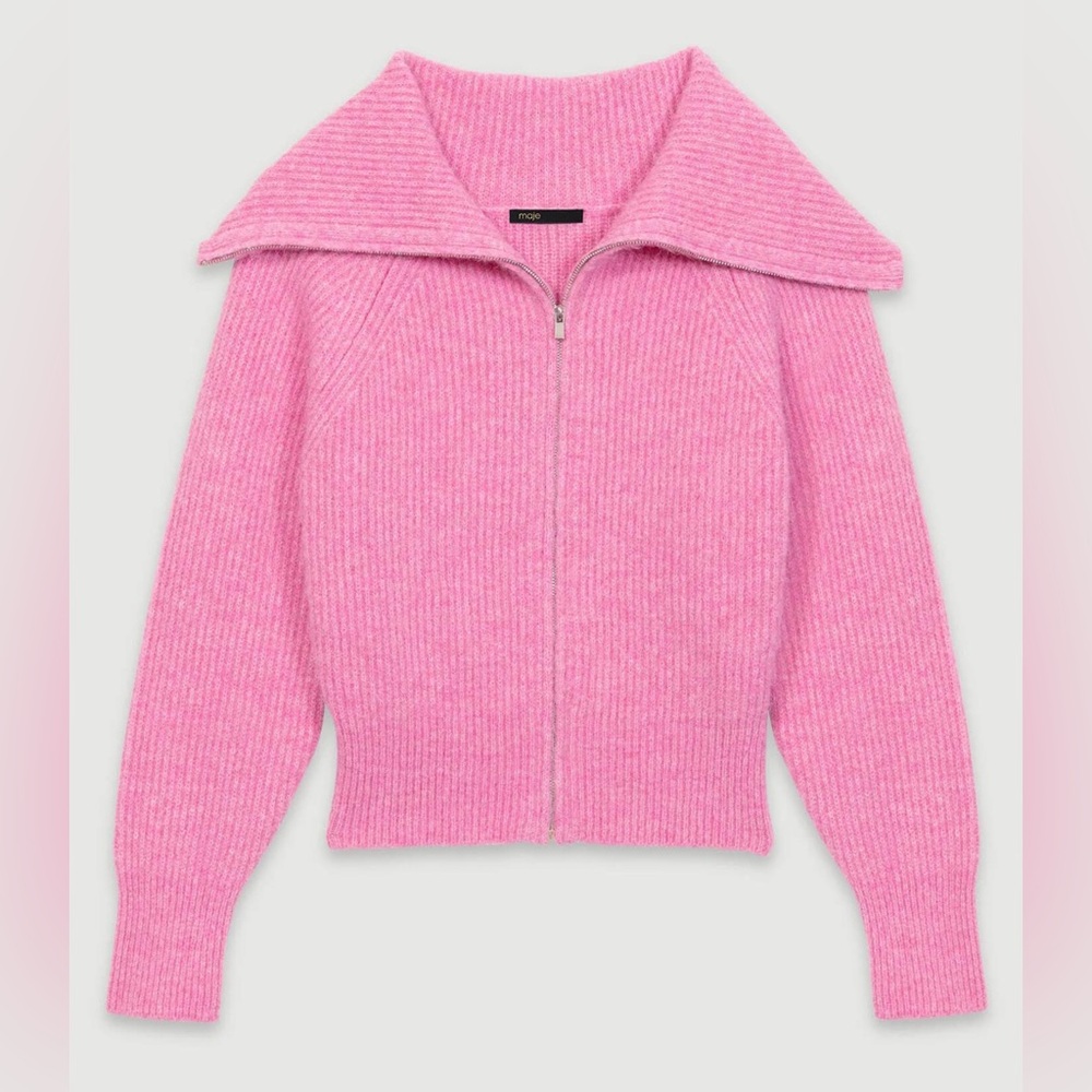 SOLD🎉NWT MAJE | SZ 0 | Pink Euro MyZip Zip Front Relaxed Cozy Wool Blend Sweater - Picture 2 of 10